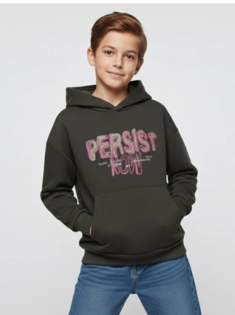 Zara Dark Charcoal Hoodie with Pink and Green 'PERSIST NOW' Graphic